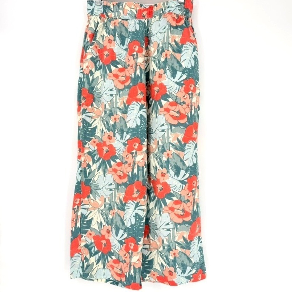 C&C California Womens 100% Linen Wide Leg Tropical Floral Pants Red Teal‎ Small